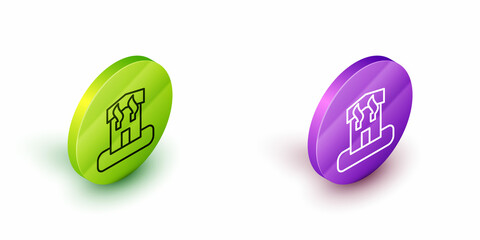 Isometric line Arson home icon isolated on white background. Fire in building. Flames from office windows. Burn facility. Spontaneous disaster. Green and purple circle buttons. Vector