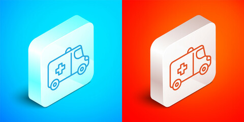 Isometric line Ambulance and emergency car icon isolated on blue and red background. Ambulance vehicle medical evacuation. Silver square button. Vector