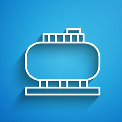 White line Oil tank storage icon isolated on blue background. Vessel tank for oil and gas industrial. Oil tank technology station. Long shadow. Vector