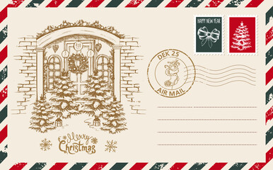 Christmas mail, postcard, hand drawn illustration. - obrazy, fototapety, plakaty