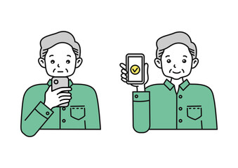 スマホで検索する・スマホを見せる年配の男性のイラスト
