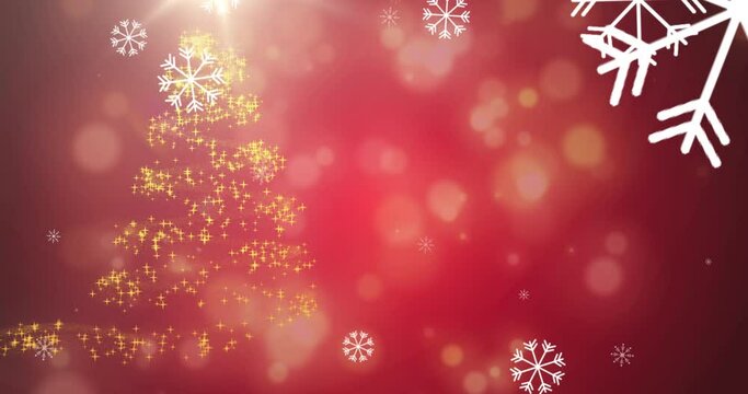 Snowflakes falling over shooting star forming a christmas tree against red background