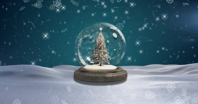 Snowflakes falling over christmas tree in a snow globe against blue background