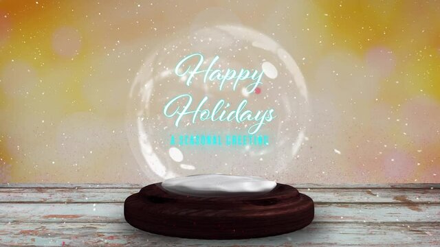 Pink shooting star around happy christmas text over a snow globe on wooden plank