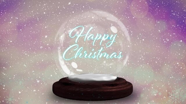 Blue shooting star around happy christmas text over a snow globe on wooden plank