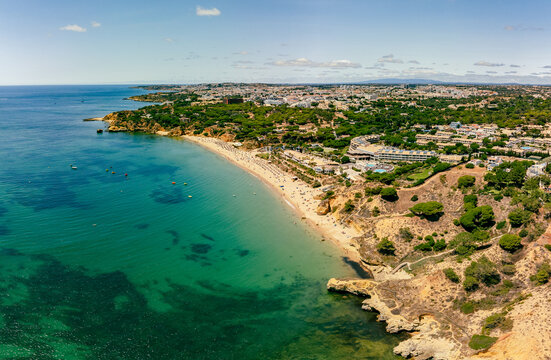 Aerial panoramic shots of Praia da Balaia and Praia de Santa Eulalia Portugal, Algarve Albufeira