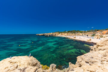 Aerial view of amazing Praia dos Paradinha beach, Albufeira, Algarve, Portugal