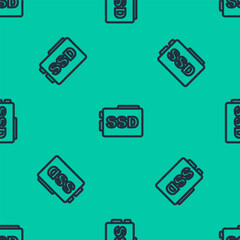 Blue line SSD card icon isolated seamless pattern on green background. Solid state drive sign. Storage disk symbol. Vector