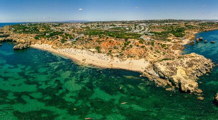Aerial view of amazing Praia dos Paradinha beach, Albufeira, Algarve, Portugal