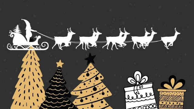 Santa claus in sleigh being pulled by reindeers against multiple christmas tree and gifts icons