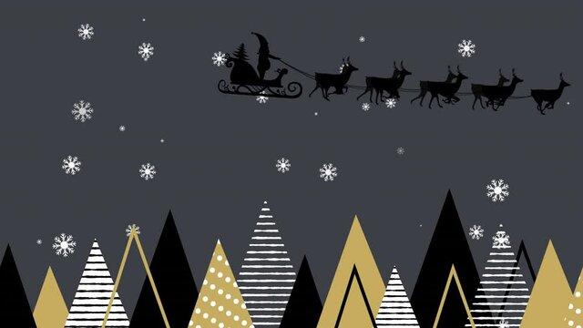 Santa claus in sleigh being pulled by reindeers against christmas tree icons on grey background