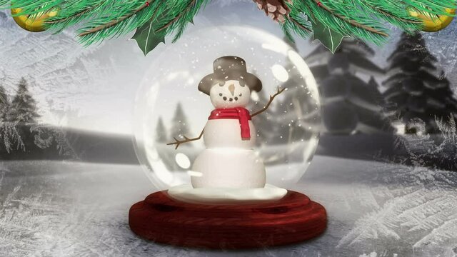 Christmas wreath decoration over snowman in a snow globe on winter landscape
