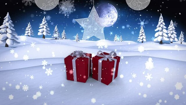 Snowflakes falling over christmas gifts on winter landscape against moon in the night sky