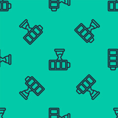 Blue line Battery charge level indicator icon isolated seamless pattern on green background. Vector