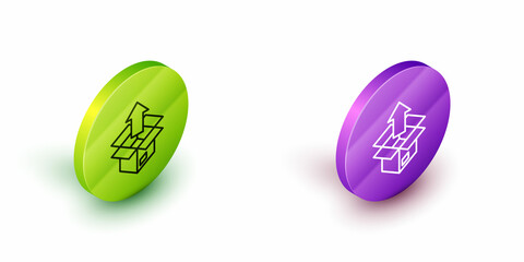 Isometric line Unboxing icon isolated on white background. Green and purple circle buttons. Vector