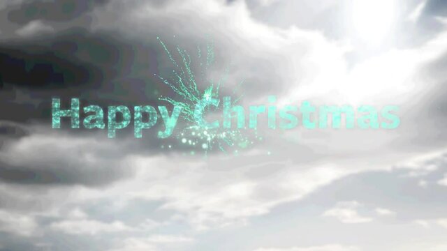 Green christmas text over fireworks exploding against dark clouds in the sky