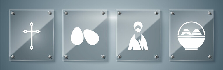 Set Basket with easter eggs, Jesus Christ, Easter eggs and Christian cross. Square glass panels. Vector