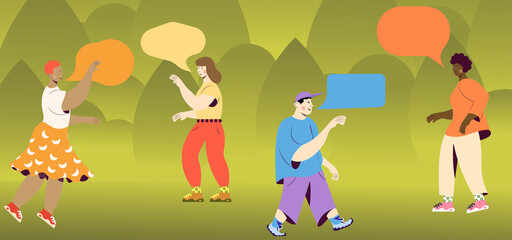 Communication of group of people with speech bubble Protection against disease. Different skin color. Men and women communicate, talk, discuss the news, social issues, are negotiating. Vector Flat