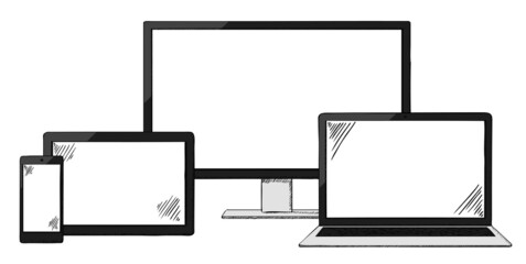 Sketch style colorful illustration of standing laptop, monitor or tv set with tablet and smartphone. Objects are isolated on white background.