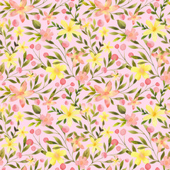Floral seamless pattern on pink background. Hand drawn in watercolor botanical repeat print. Flowers and leaves design. Cute background for textile, fabric, wrapping paper, packaging, wallpaper.