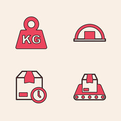 Set Conveyor belt with box, Weight, Warehouse and Cardboard clock icon. Vector