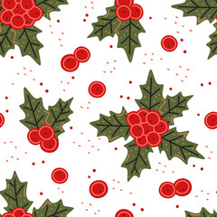 Vector seamless pattern. Christmas holly on a white background