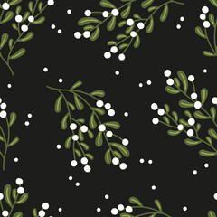 Mistletoe on a black background. Christmas seamless pattern