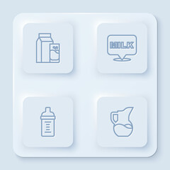 Set line Paper package for kefir, Lettering milk, Baby bottle and Milk jug pitcher. White square button. Vector
