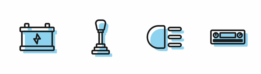 Set line High beam, Car battery, Gear shifter and Audio icon. Vector