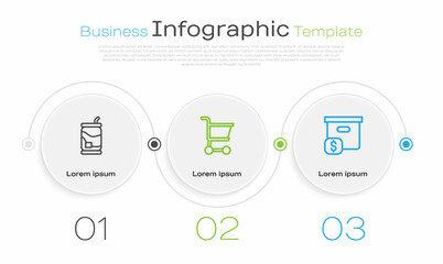 Set line Soda can, Shopping cart and Carton cardboard box with price. Business infographic template. Vector