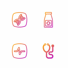 Set line Stethoscope, Heart rate, DNA symbol and Medicine bottle and pills. Gradient color icons. Vector