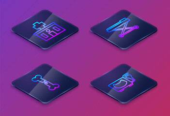 Set Isometric line Hospital building, Human broken bone, Stretcher and Ultrasound. Blue square button. Vector