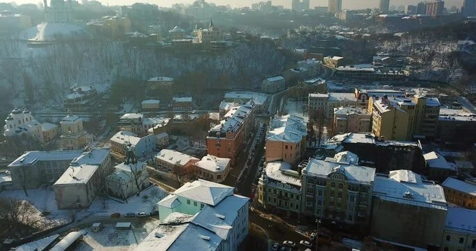 Aerial drone view of District Podil is the historical center of Kyiv in winter. High quality 4k footage