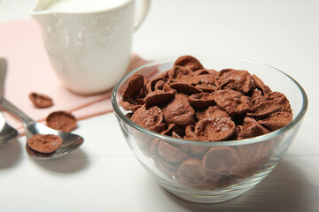 chocolate cornflakes for breakfast on the table close-up
