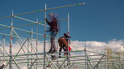 day time city people on stage framework construction process panorama timelapse 4k belarus