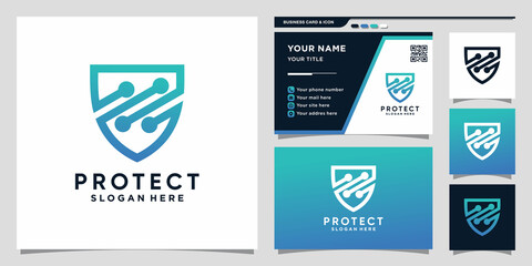 Shield logo design technology with line art and business card design Premium Vector