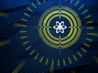 Sight is aiming for atom icon detected during cyberspace research on hi-tech dark background. Illustration.