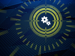Sight is aiming for gear icon detected during cyberspace research on hi-tech dark background. Illustration.