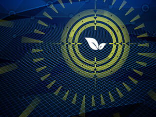 Sight is aiming for ecology icon detected during cyberspace research on hi-tech dark background. Illustration.