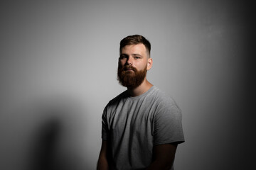 Close-up portrait of a handsome a brunette brutal bearded man in a grey t-shirt. Stylish and handsome man with a beard.