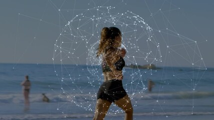 Animation of networks of connections with globe over caucasian woman running on beach - Powered by Adobe