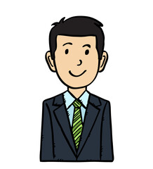 Avatar of happy businessman in suit with black hairs. Hand drawn black and white Vector illustration.