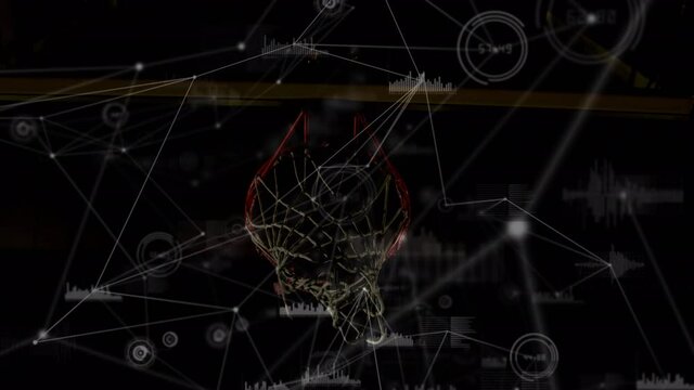 Animation of data processing and networks of connections over mixed race male basketball player