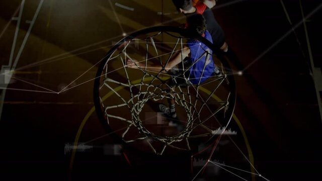 Animation of data processing and networks of connections over diverse basketball players at gym