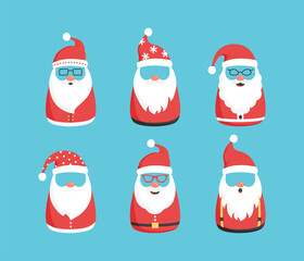 Christmas Santa Claus vector character set, vintage noel icon, cute snowman emoticons. Winter holiday illustration