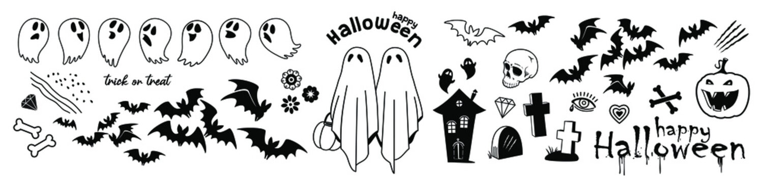 Halloween set, Vector illustration, sticker set, Happy Halloween, Trick or treat, cute ghosts