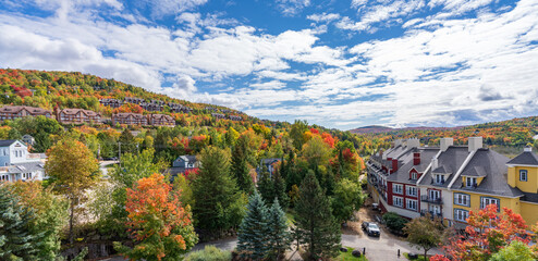 Naklejka premium Aerial view of Mont Tremblant Resort in autumn. Mont-Tremblant, Quebec, Canada.