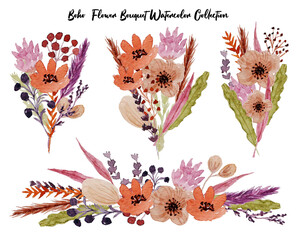 set of beautiful boho flower bouquet arrangement watercolor