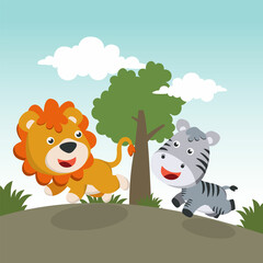 Obraz na płótnie Canvas Cartoon wild animals concept, cute lion and zebra in the jungle. Creative vector childish background for fabric, textile, nursery wallpaper, poster, card, brochure. and other decoration.