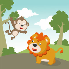 Obraz na płótnie Canvas Cartoon wild animals concept, cute lion and monkey in the jungle. Creative vector childish background for fabric, textile, nursery wallpaper, poster, card, brochure. and other decoration.